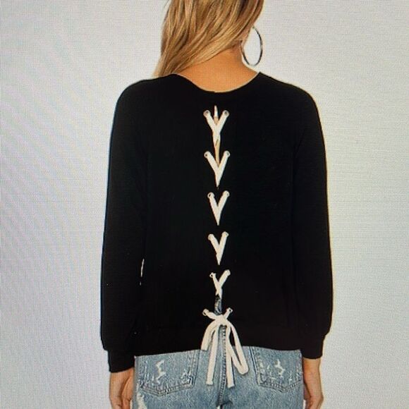 New! Monrow Black Lace-Up Back Women's Top Sweatshirt Size XS - Picture 1 of 12